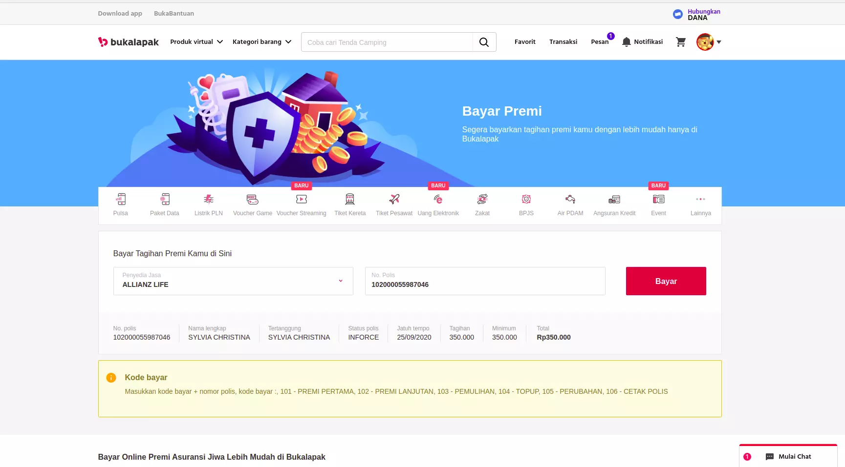 Tampilan Website Premi Asuransi Bukalapak